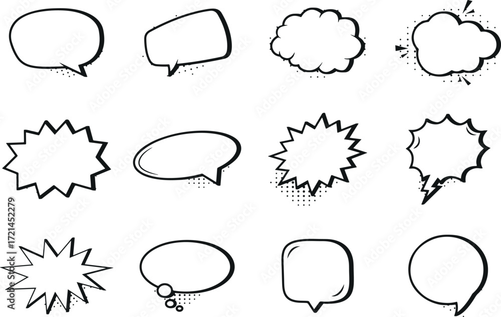 Fototapeta premium chat bubble icons, speech balloon vector, conversation doodles, communication bubble pack, chatting symbols vector, talk bubble graphics, online message icons, forum chat illustrations, bubble flat de
