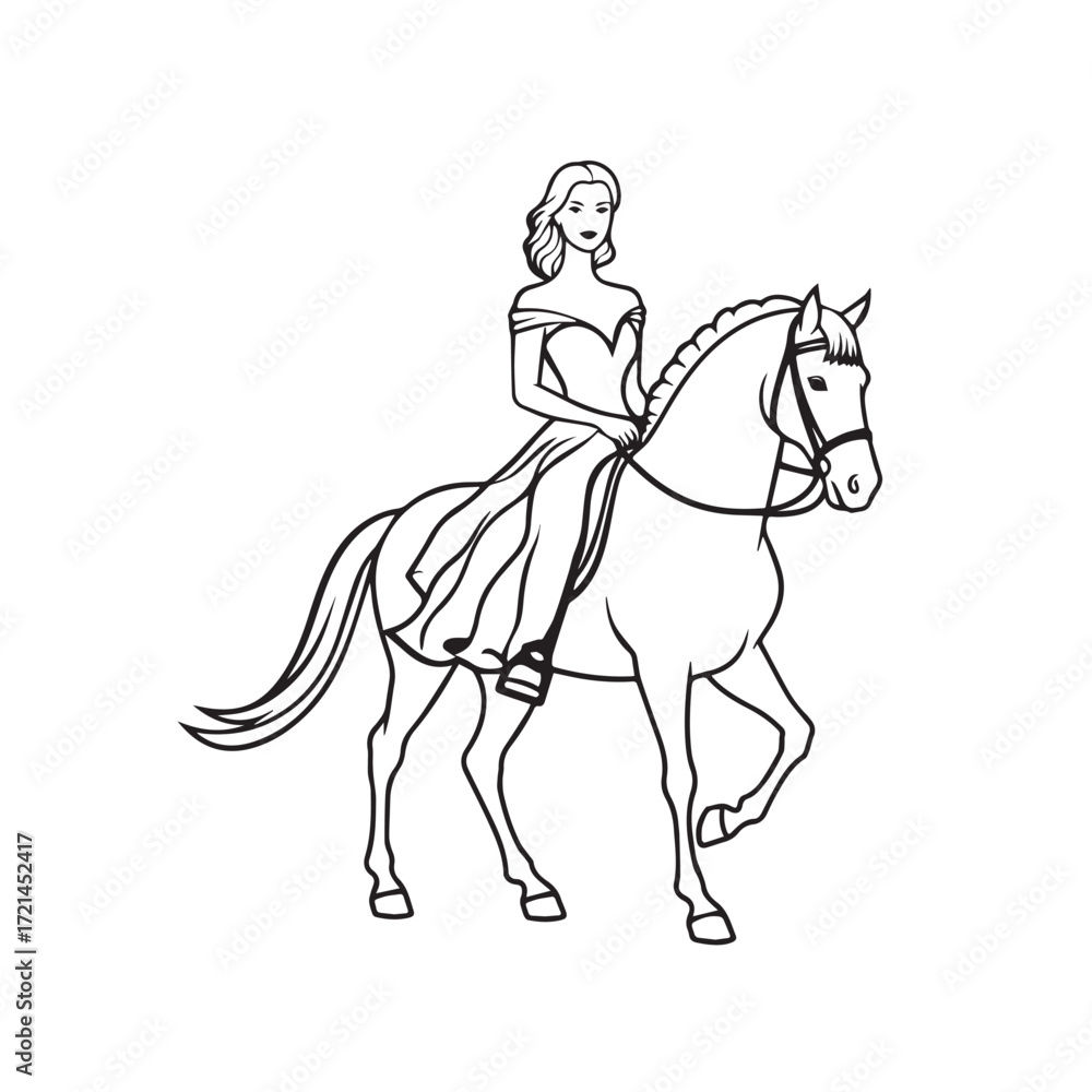 Fototapeta premium Black and white line art of a beautiful woman with perfect body riding horse elegant minimalist illustration