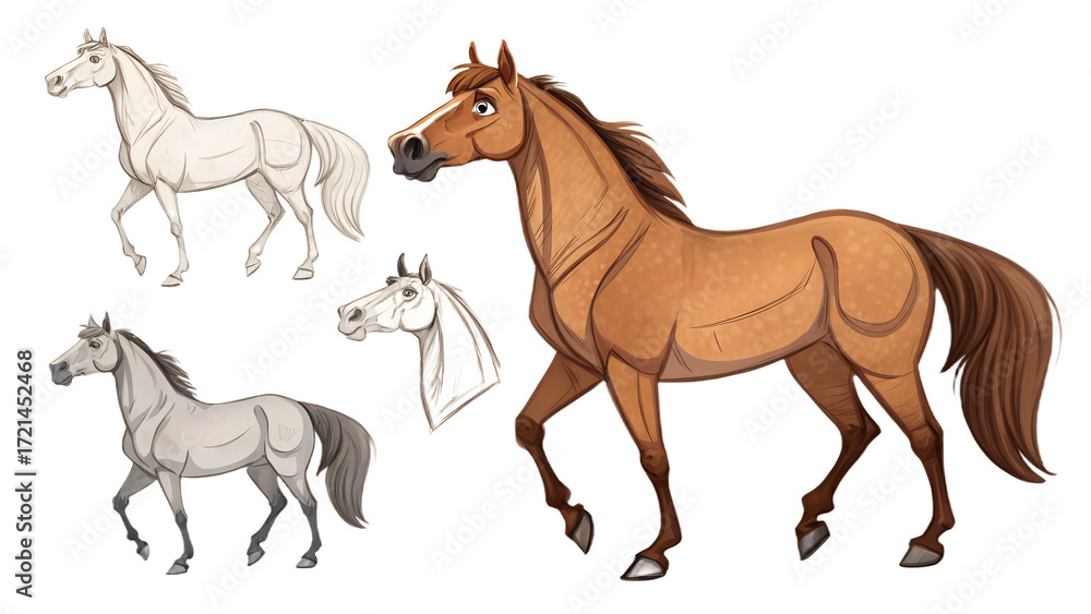 Fototapeta premium Various Horses PNG – Cartoon and Realistic Horse Illustrations on Transparent Background