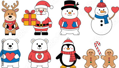 Cute cartoon Christmas characters including Santa, reindeer, snowman, and polar bears in festive attire