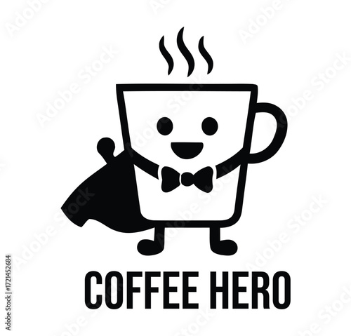 A cartoon coffee cup with a cape and bow tie standing above the words coffee hero in black and white vector illustration