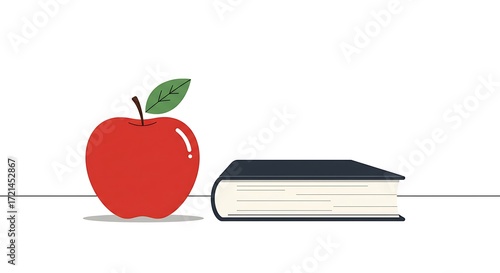 A simple illustration of a red apple with a green leaf next to a closed book on a white background scene