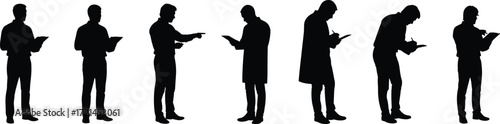 Silhouette of men writing on clipboard, business teamwork, office workers, professional staff, communication, management concept, vector illustration, productivity