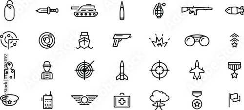 Military and Weapon Icon Set – Army, Soldier, Tank, Gun, Target, Battle, War, Security, Combat, Weapon, Protection, Outline, Minimal, Black and White, Vector, Illustration
