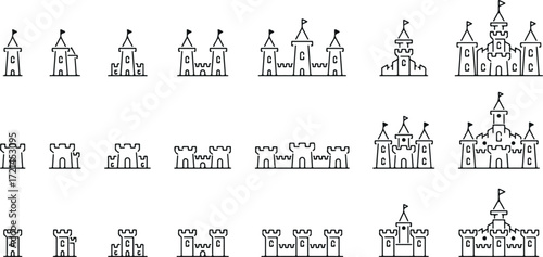 castle doodle vector, fortress outline pack, fairy tale castle icons, medieval castle sketch, doodle castle art, vintage fortress cartoon, fantasy castle drawing, historic landmark doodle, minimal cas