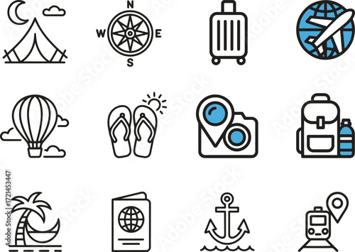 Travel line icons set. Adventure, location, map, suitcase. editable stroke. vector illustration	