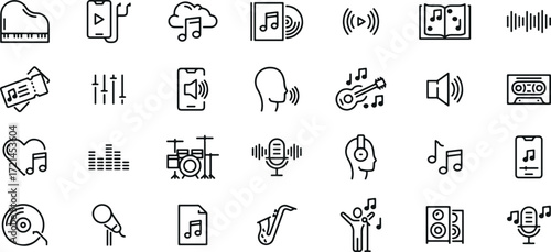 music icons vector, sound graphics pack, audio symbols set, musical instrument icons, entertainment music designs, sound wave graphics, audio equipment symbols, live concert icons, melody design vecto