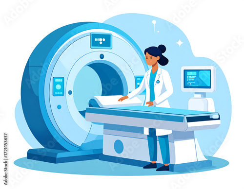 A female doctor stands near a large MRI machine, ready for a medical scan.