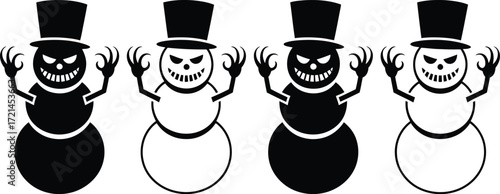 Four menacing snowmen with top hats and sharp claws stand ready for winter mischief