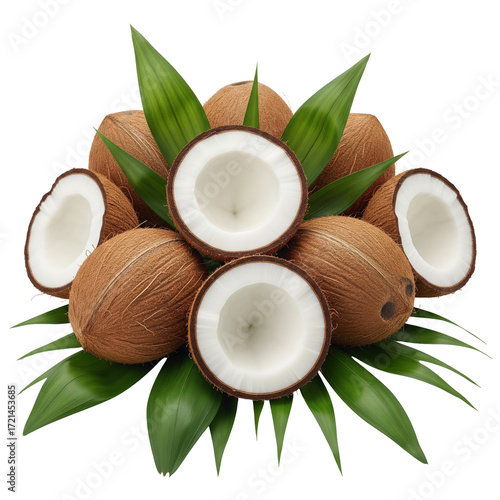 Wallpaper Mural Fresh tropical coconuts, whole and halved, arranged with vibrant green palm leaves Torontodigital.ca