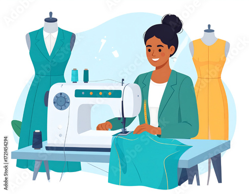 A smiling woman sews fabric on a machine, fashion design concept.