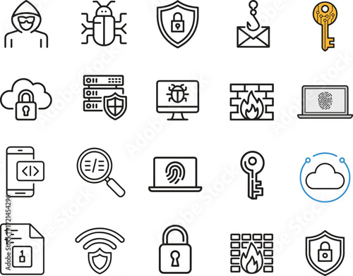 Cybersecurity threats and protection line icons set. Security, firewall, hacker, data. vector illustration