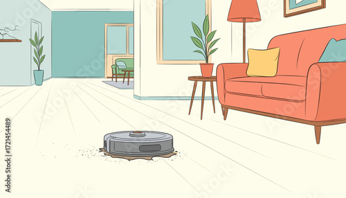Robot vacuum cleaner working on a wooden floor