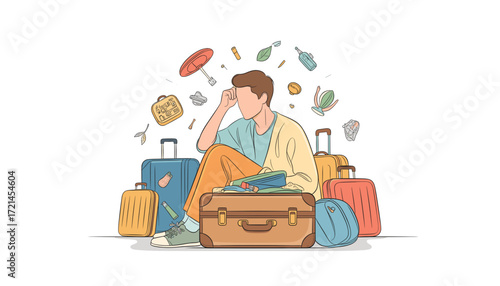 Confused man surrounded by luggage and travel items