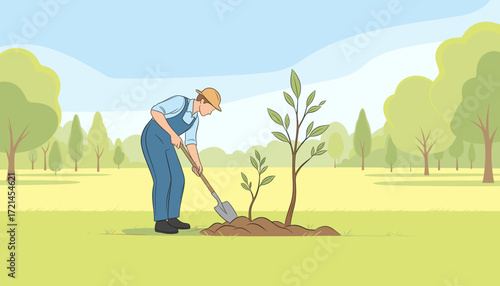 Farmer planting a young tree in the garden