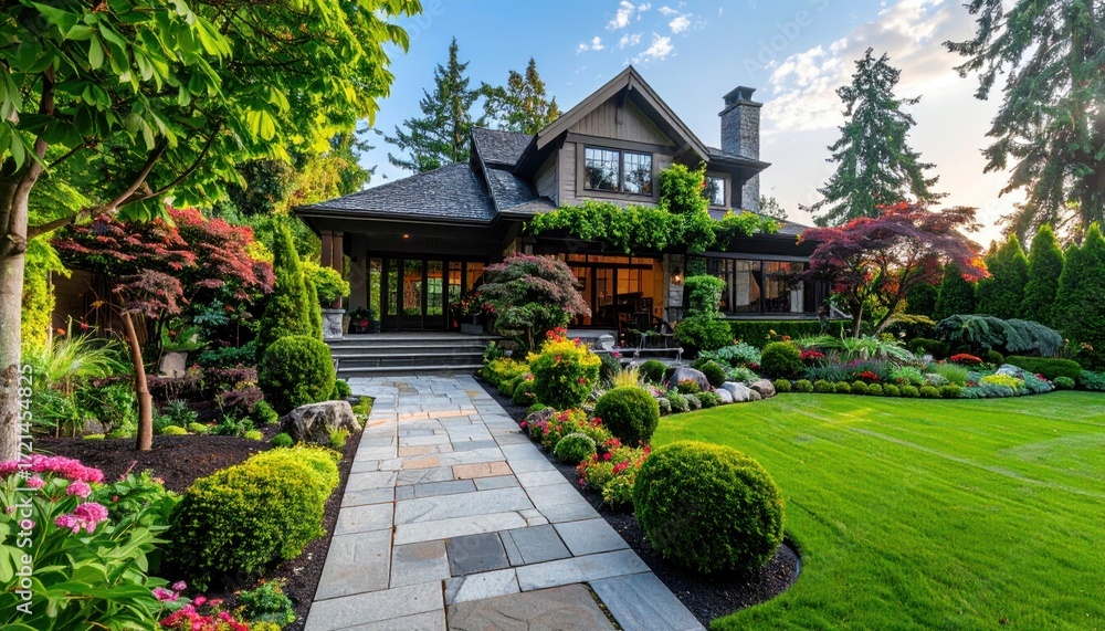 Naklejka premium Magnificent Luxury Residence Featuring Elegant Architecture and a Meticulously Designed Garden, Complete with Lush Greenery and a Serene Outdoor Environment