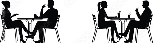 Silhouette of couple sitting at cafe table, drinking coffee, casual conversation, romantic date, lifestyle, relationship, social interaction, communication, dining
