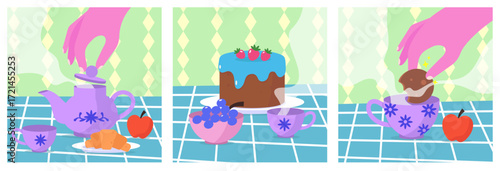Tea party, birthday card set. Vector illustration.