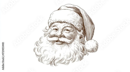 Santa Claus engraving sketch with vintage style holiday illustration of jolly face and festive hat