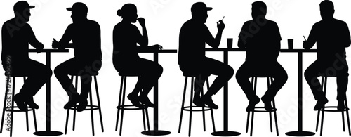 Silhouette of people sitting at bar table, friends talking, casual meeting, social interaction, drinking, communication, teamwork, leisure, lifestyle, community