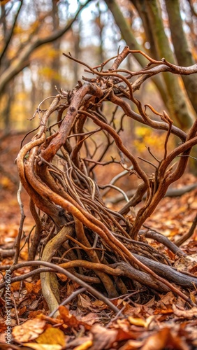 Twisted dry brown branches of a bush with fallen leaves and twigs on the forest floor