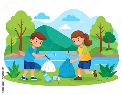 Two children collecting litter, cleaning up a park area near a lake, promoting environmental responsibility.