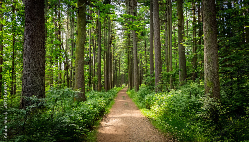 Naklejka premium Narrow Dirt Path Meandering Through Lush Green Forest With Tall Straight Trees Creating Natural Corridor In Summer Wilderness