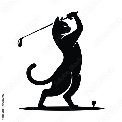 Playful black cat silhouette swinging a golf club on a tee box silhouette