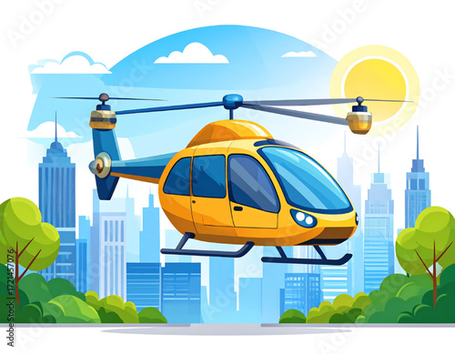 A yellow and blue helicopter flies over a city skyline with trees, under a bright sun and blue sky.