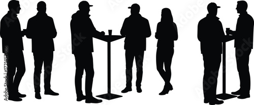 Silhouette of people talking, group discussion, business networking, casual conversation, colleagues socializing, standing meeting, team communication, office break, collaboration, teamwork