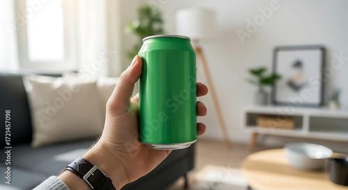 Person holding a green soda can in a living room.