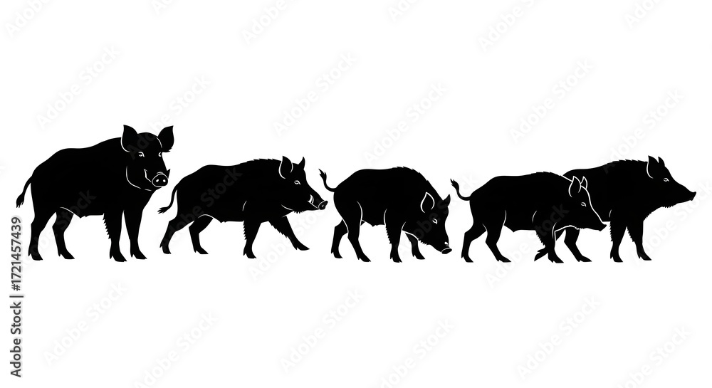 Fototapeta premium Silhouette of boars isolated on white background in a row formation and walking