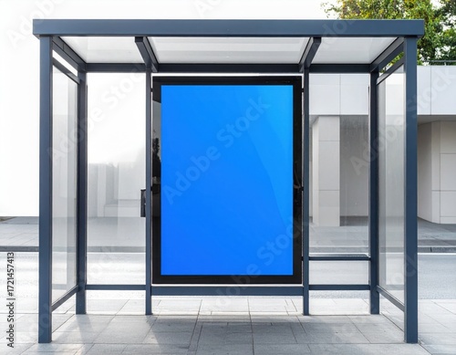 A modern bus stop shelter featuring a large blank blue advertisement panel, surrounded by a minimalist design.