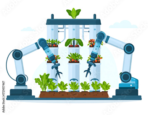 Robotic arms harvest crops in a vertical hydroponic farm, showcasing automated agriculture.