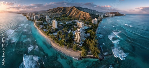 Fototapeta Naklejka Na Ścianę i Meble -  Aerial view of Waikiki beach, Honolulu, Hawaii. Sunrise panorama