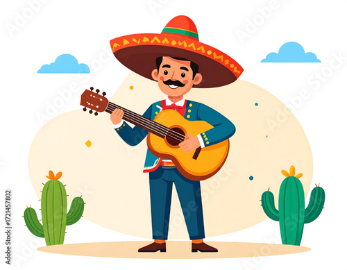 A cheerful mariachi musician plays his guitar, surrounded by cacti under a sunny sky.