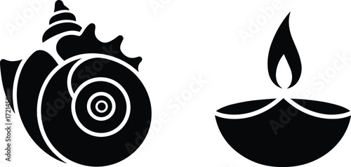 Silhouette of traditional conch shell and diya lamp, Hindu religious symbols, spiritual worship, prayer, festival celebration, Indian culture illustration