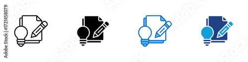 Invention Multiple Style Icon Design Vector - Light bulb with document and pencil symbolizing creation, research, and invention