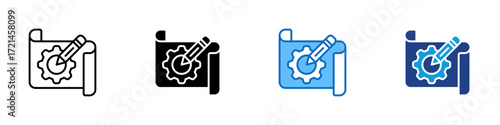 Prototype Multiple Style Icon Design Vector - Blueprint with gear and pencil symbolizing prototyping, planning, and product creation