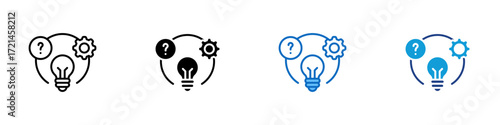 Idea Generation Multiple Style Icon Design Vector - Light bulb with question mark and gear symbolizing brainstorming, creativity, and idea generation