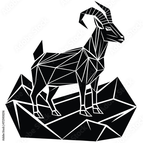 Low poly goat standing on rocky cliff design