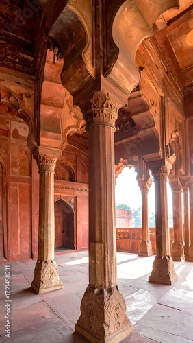 Red sandstone colonnade, intricate arches, and light filtering through