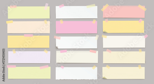 Vector set of horizontal paper stripes with adhesive tape and shadow on transparent background.