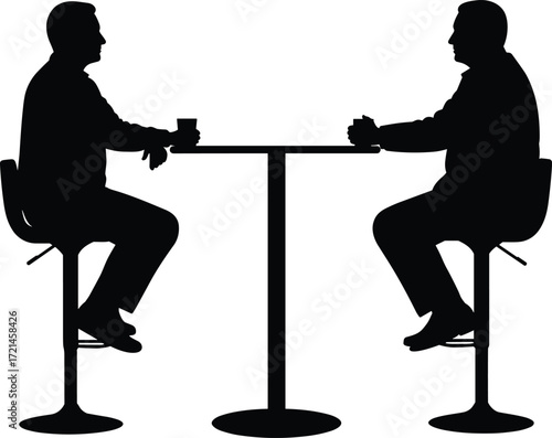 Silhouette of two businessmen sitting at table, discussing ideas, coffee meeting, professional conversation, corporate teamwork, office collaboration, partnership, communication