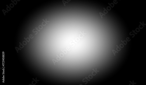 Black and white radial vignette abstract background. Smooth monochrome gradient from bright center glow to dark edges. Subtle noise grain texture. black border shading