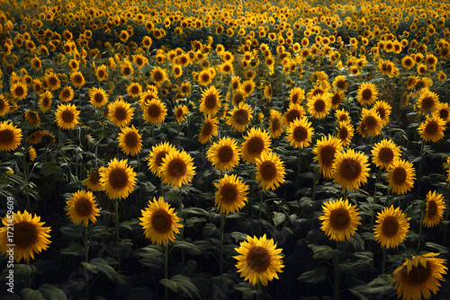 An Inviting Panorama: A Stnning Field of Sunflowers apturing the Essence of Naure's Beauty and the Joyfu Radiance of Golden Blossos in Full Bloom Under the unlit Sky