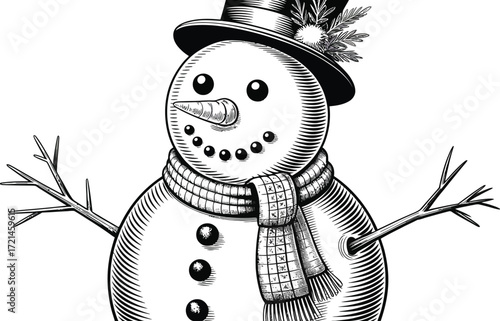 Charming vintage snowman illustration wearing a top hat and scarf, ready for winter fun.