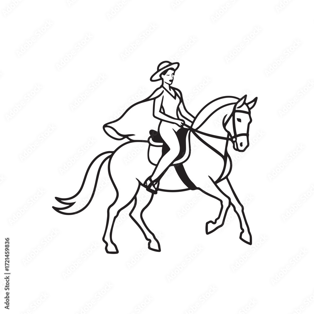Obraz premium Black and white line art of a beautiful woman with perfect body riding horse elegant minimalist illustration