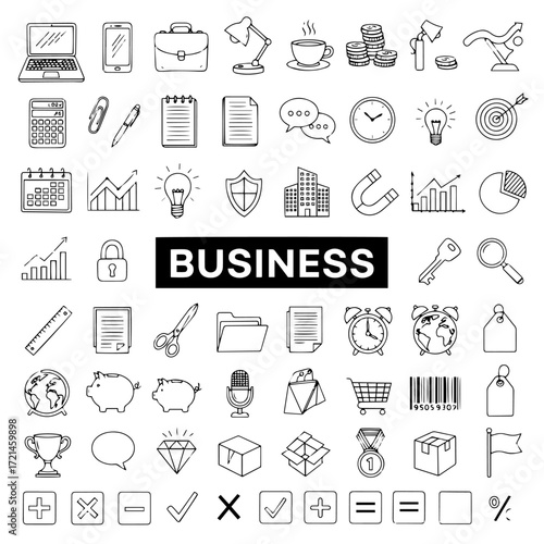 Comprehensive Hand-Drawn Business, Finance, and Office Icon Set in Outline Style