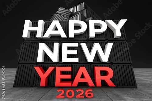 Happy New Year 2026 Text on Stacked Shipping Containers with Dark Background lettering